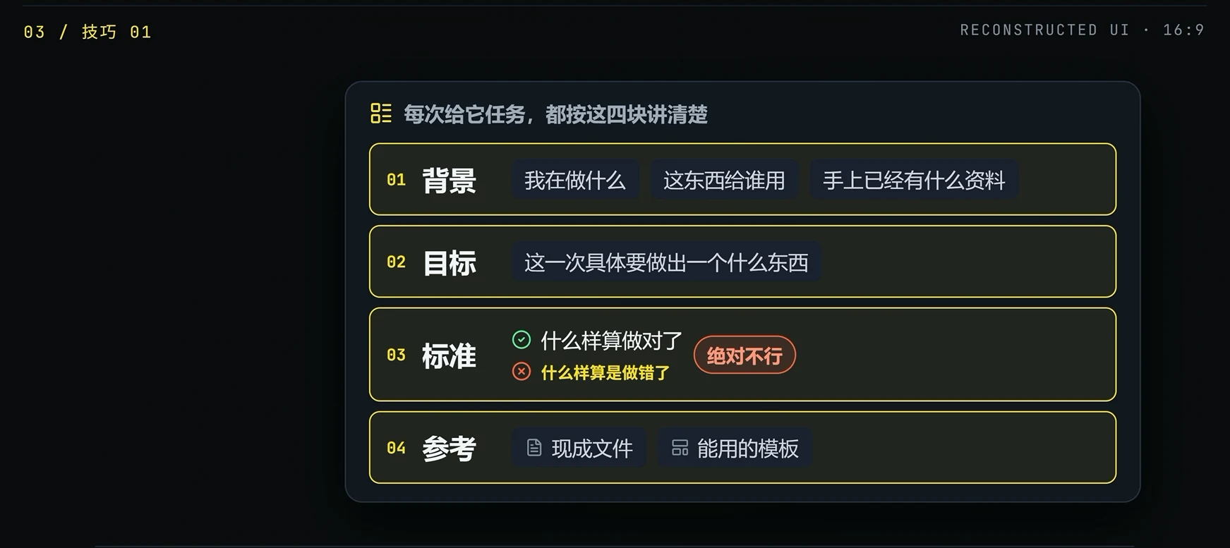 context 上下文管理技巧 · 步骤 4：技巧一：用背景、目标、标准、参考四段式下达任务