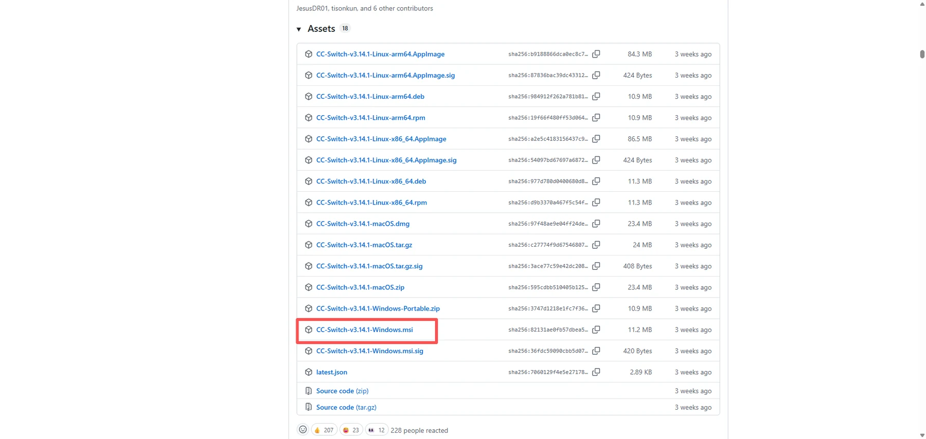 GitHub Releases 的 Assets 列表:Windows 下 CC-Switch-…-Windows.msi,macOS 下 .dmg,Linux 有 deb / rpm / AppImage