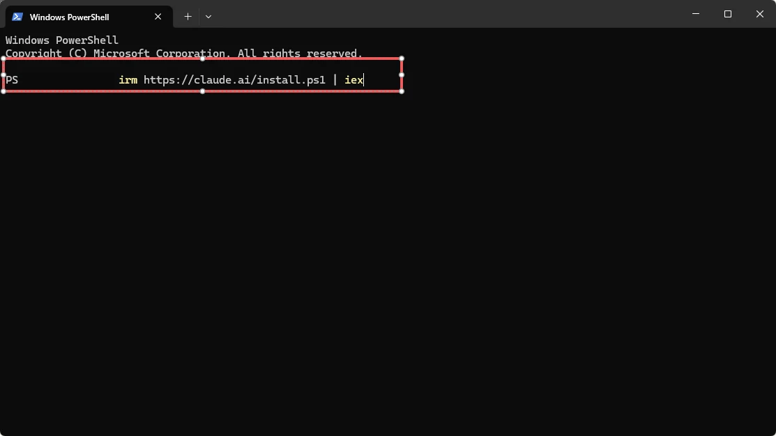 在 Windows PowerShell 中粘贴 Claude Code 官方安装命令