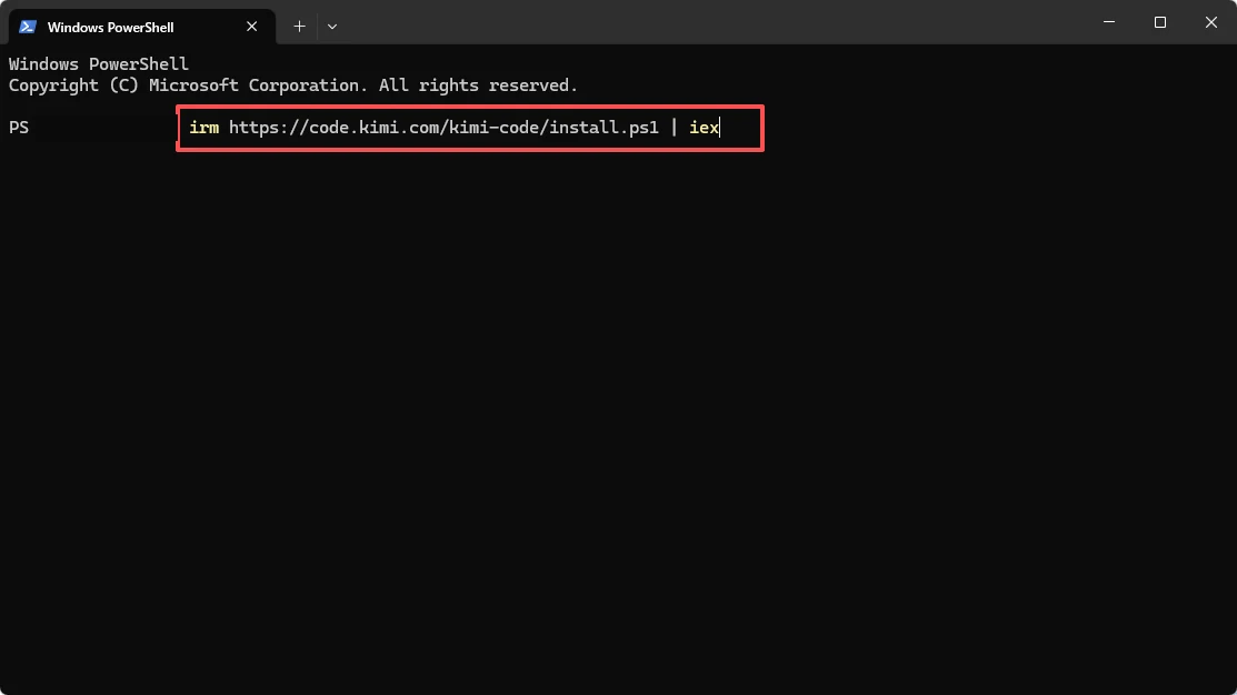 在 Windows PowerShell 中粘贴 Kimi Code 官方安装命令