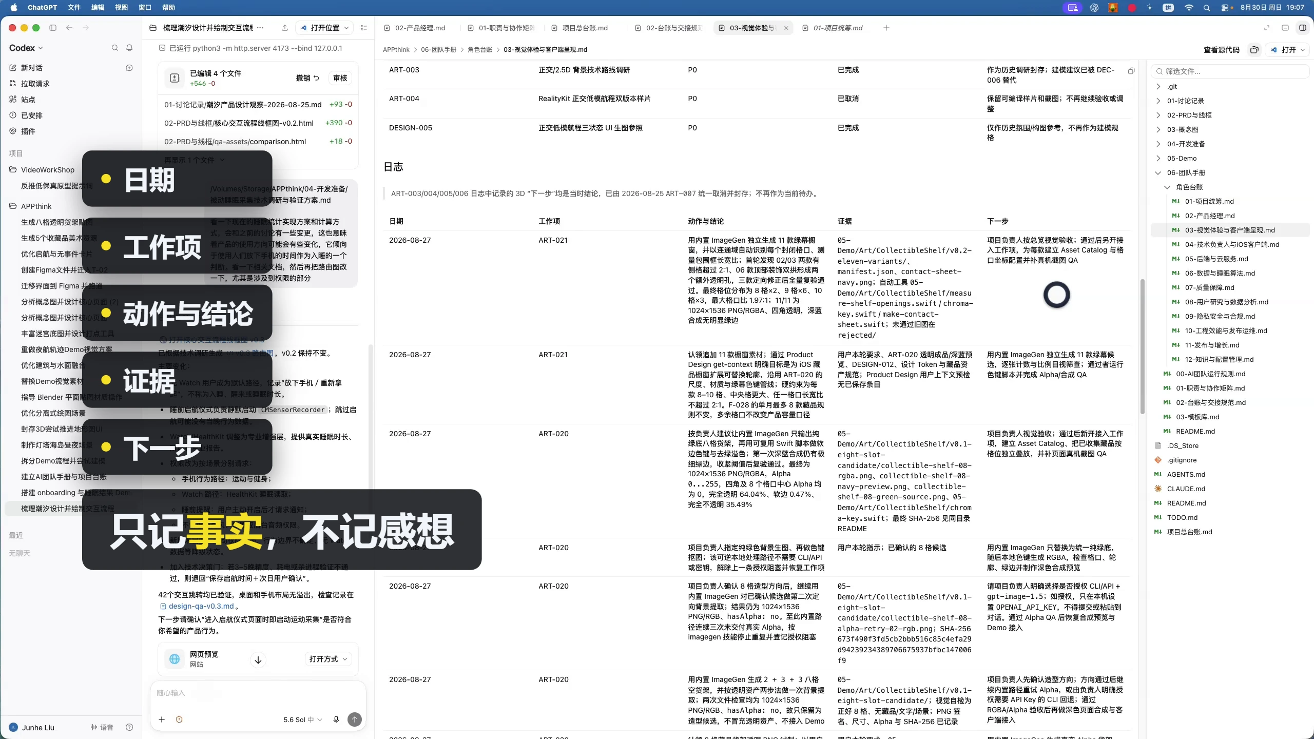 岗位日志的列：日期、工作项、动作与结论、证据、下一步——只记事实，不记感想。