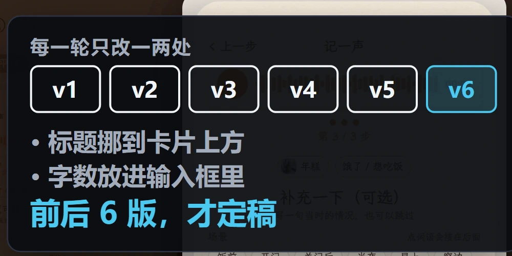 每一轮只改一两处：标题挪到卡片上方、字数放进输入框里，前后 6 版才定稿。