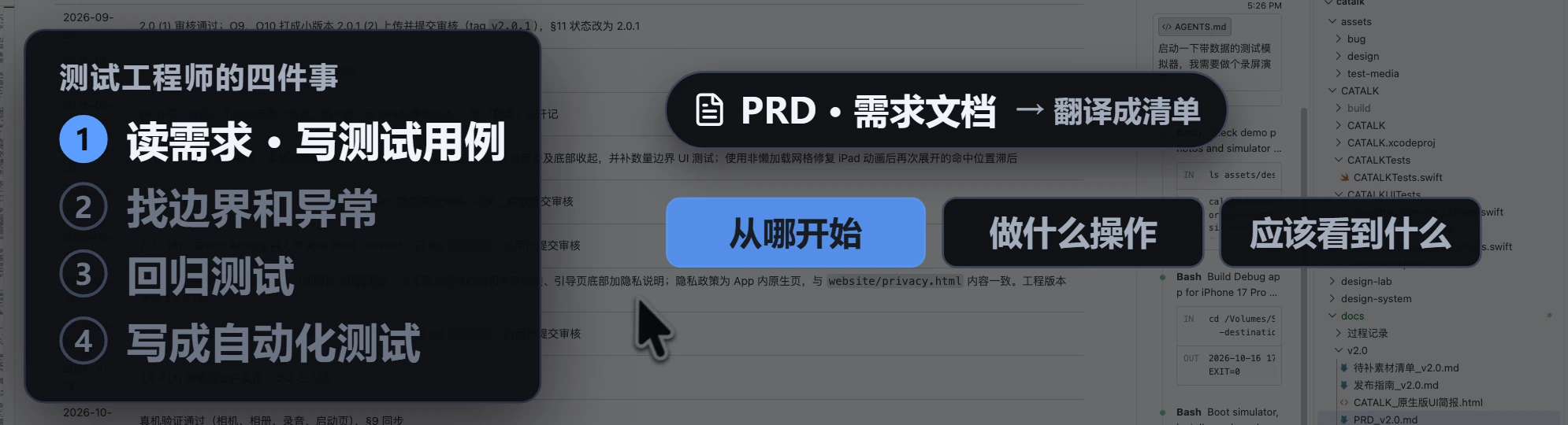 测试工程师的四件事之一：把 PRD 需求文档翻译成清单，每条写清「从哪开始 / 做什么操作 / 应该看到什么」。