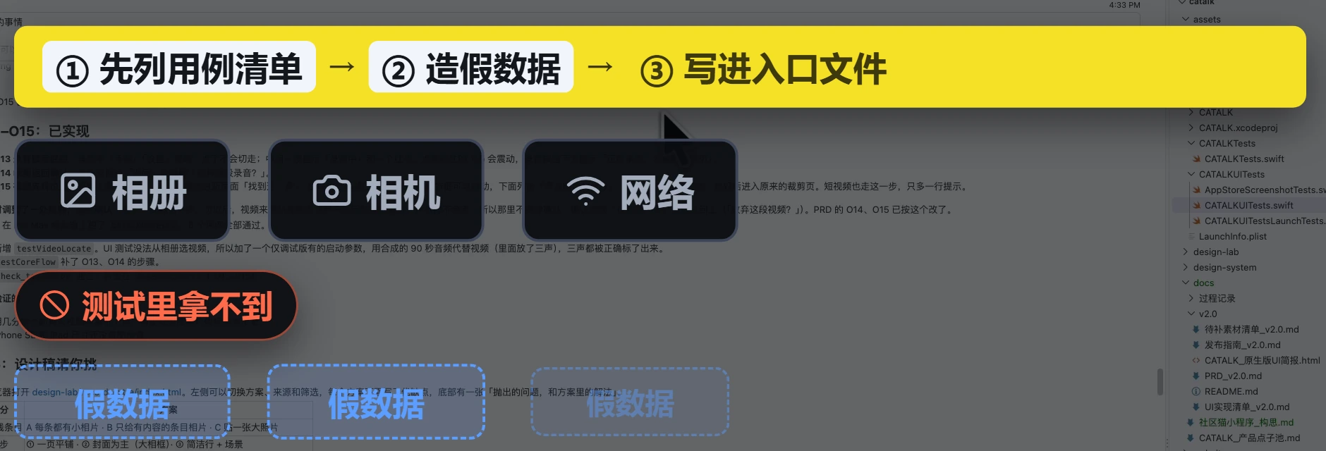 测试里拿不到相册、相机、网络，就让 AI 造一份假数据代替。
