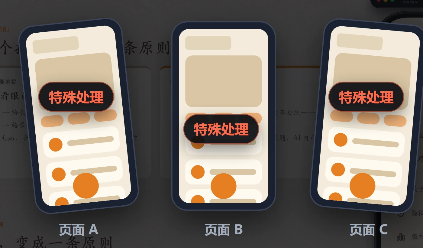 页面 A、B、C 各自被贴上「特殊处理」，久而久之每个页面的操作都不一样。