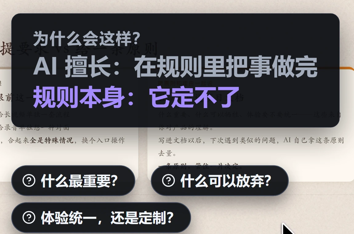 AI 擅长在规则里把事做完，规则本身它定不了：什么最重要？什么可以放弃？体验统一还是定制？