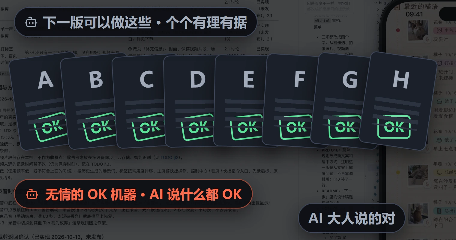 AI 一口气列出 A–H 八个方向、个个有理有据，新手每一张都盖上 OK：无情的 OK 机器。
