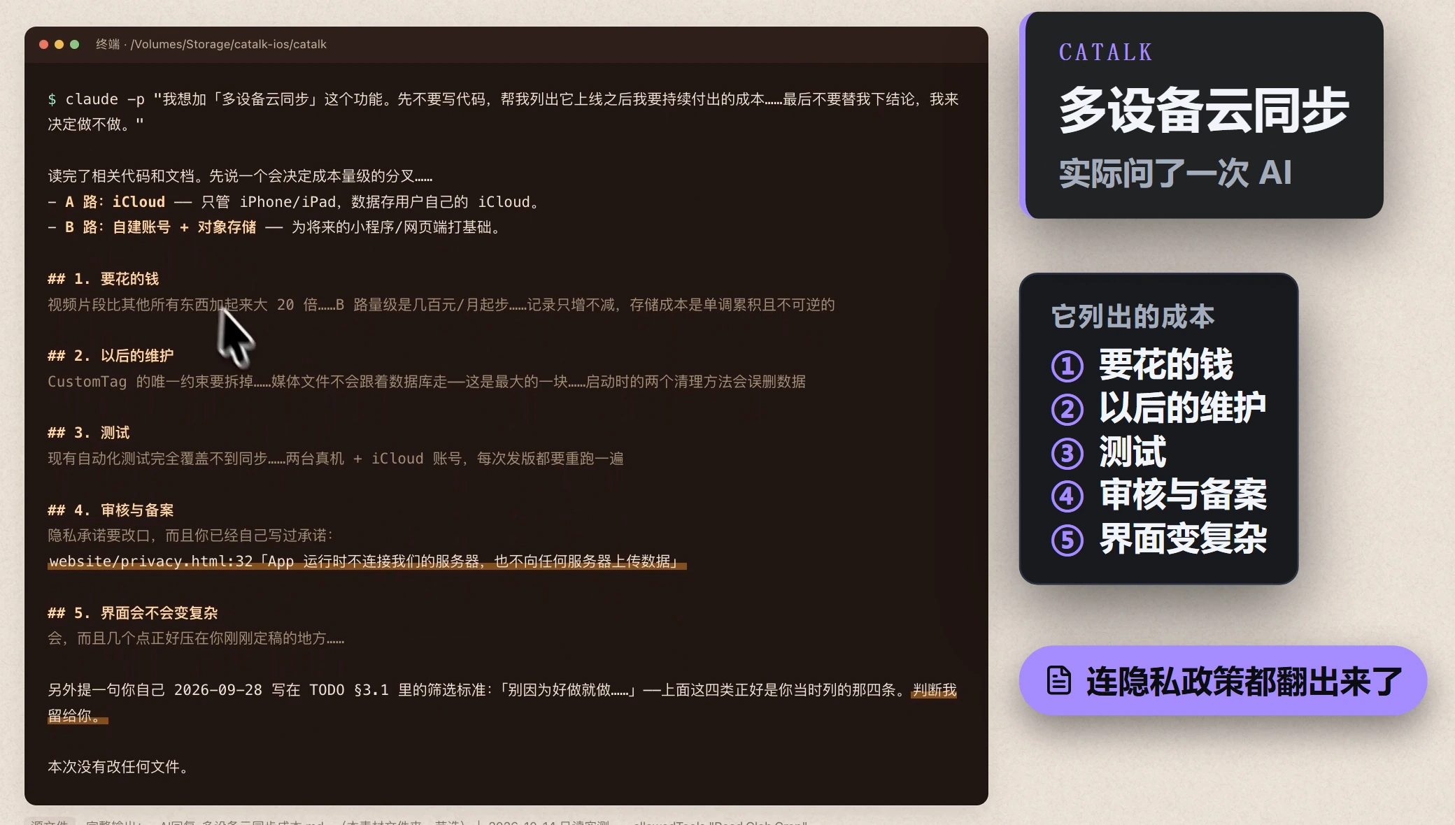 拿「多设备云同步」实际问了一次 AI：它列出要花的钱、以后的维护、测试、审核与备案、界面变复杂，连隐私政策里的承诺都翻出来了。