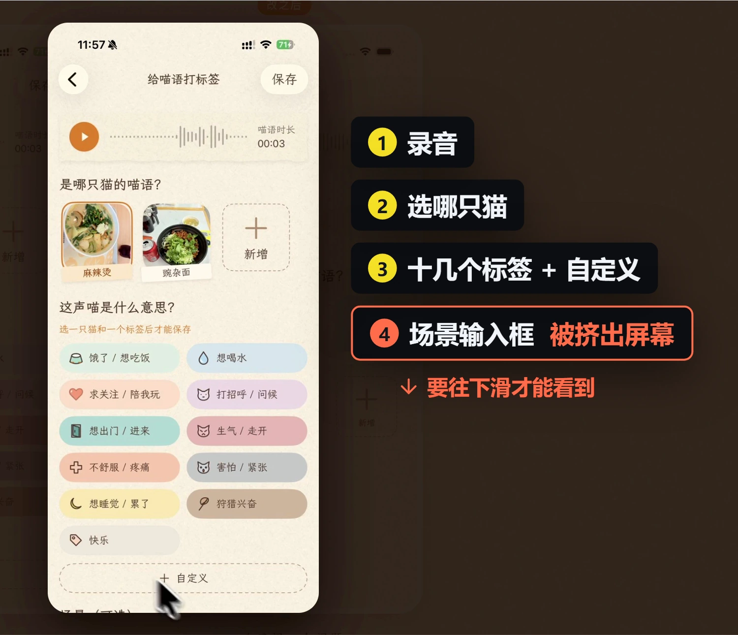 旧版打标签页：录音、选猫、十几个标签和自定义按钮挤在一屏，场景输入框被挤出屏幕