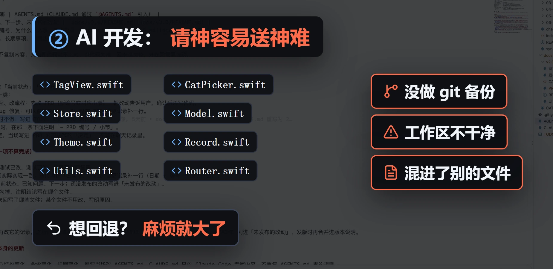 AI 一口气改了许多代码文件；没做 git 备份、工作区不干净、混进别的文件时，想回退就很麻烦