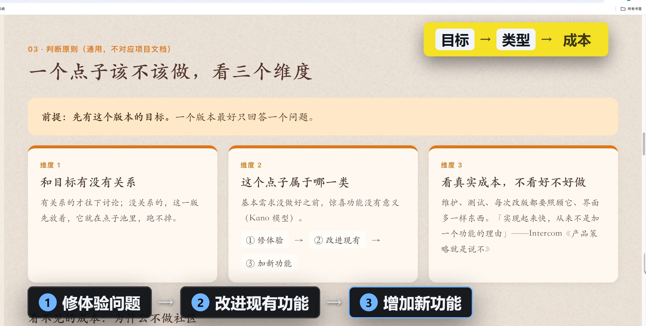 一个点子该不该做，看三个维度：和目标有没有关系、属于哪一类、真实成本