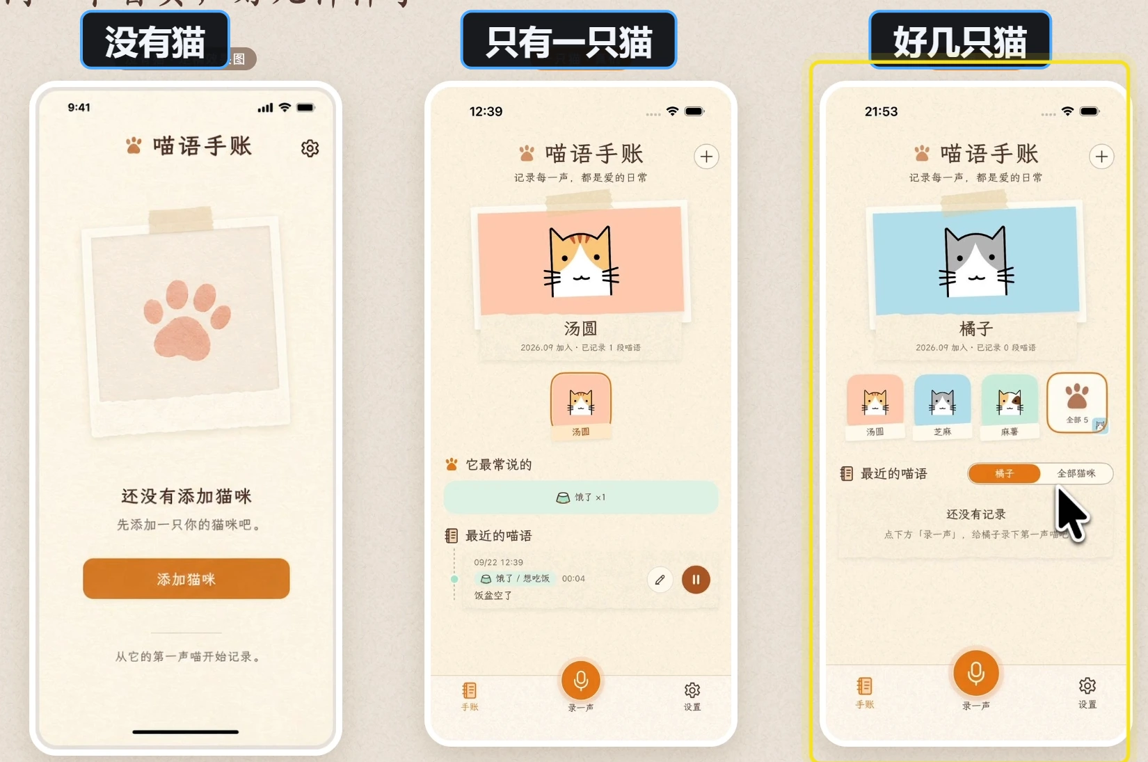 源录屏中的首页对照：没有猫咪、只有一只猫和多只猫时的界面