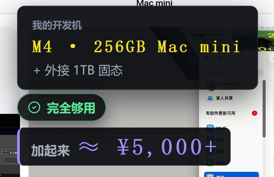 作者的开发机：M4 · 256GB Mac mini 外接 1TB 固态，合计约 ¥5,000+