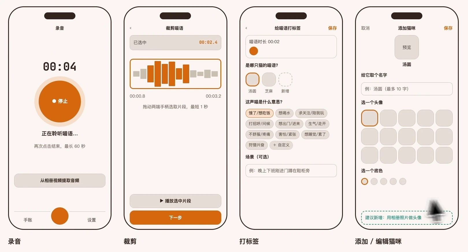 界面简报中的核心页面线框：录音、裁剪、打标签、添加或编辑猫咪。