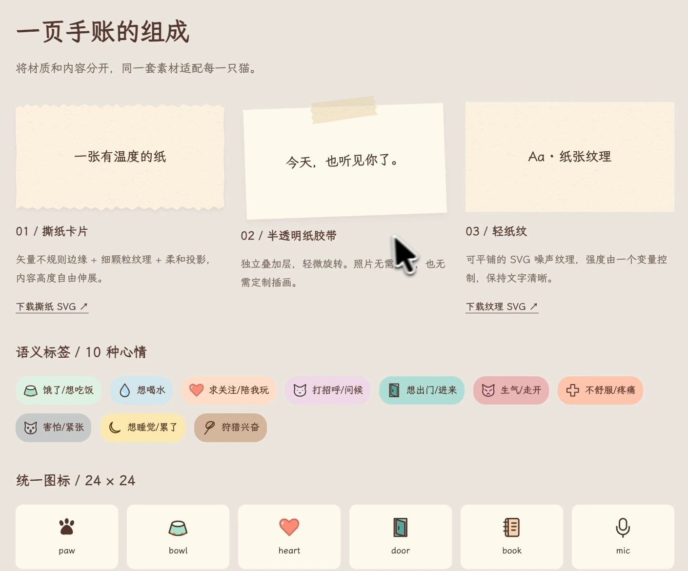 样板中的可复用素材：撕纸卡片、半透明纸胶带、纸纹、心情标签与图标。