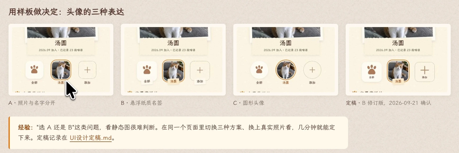 头像方案对比：A 照片与名字分开、B 悬浮纸质名签、C 圆形头像，以及最后的 B 修订版。